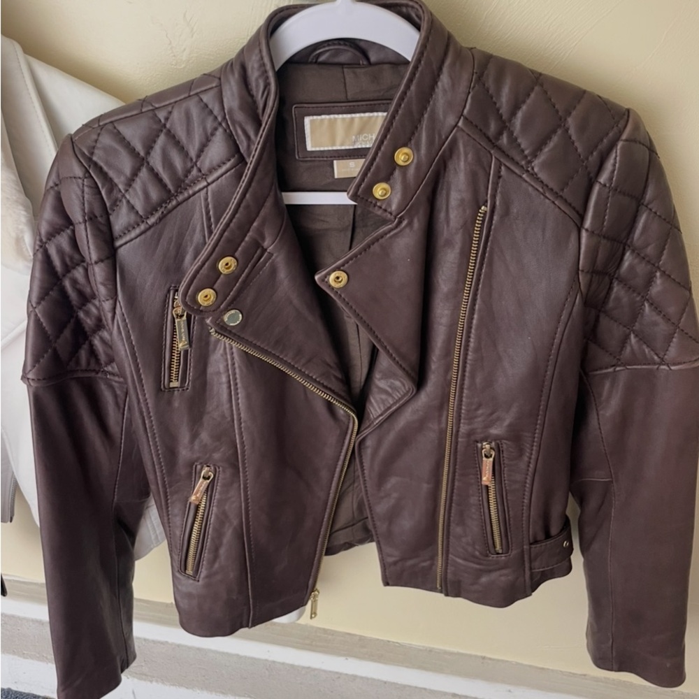 MICHAEL KORS CHOCOLATE BROWN LEATHER JACKET SZ M - Picture 1 of 1